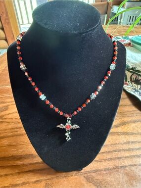 Red Crystal Bat Cross Pendant Necklace - Women Jewelry